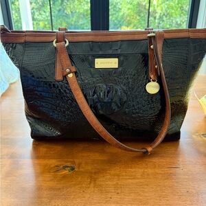 Brahmin Black and Tan Embossed Leather Bag